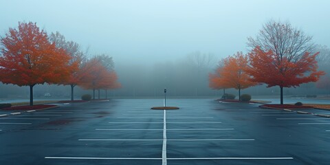 Wall Mural - An empty parking lot on a cold, wet, foggy evening. An atmosphere of peace, mystery and mysticism. Generative AI