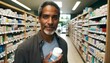 Male customer holding medicine bottle in pharmacy, representing healthcare