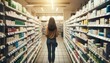 Female shopper in pharmacy, back to camera, exploring medicine aisle