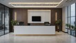 Sleek and modern reception inside a commercial workspace building, showcasing a professional interior