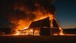 Barn on fire at night, intense flames and thick smoke creating a dramatic inferno atmosphere