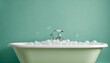 Minimalistic white bathtub with bubbles, set against a flat pastel green backdrop with copy space