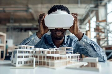 Wall Mural - Concept futuristic design. Man is African american Architect or Engineer wearing VR headset for working design.