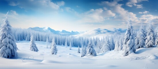 Canvas Print - Scenic winter view of trees and snow-covered mountains in the landscape