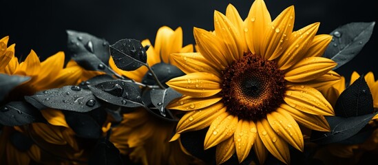 Wall Mural - Sunflowers in bright yellow hues with tiny water droplets on their petals stand out against a deep black background, creating a striking contrast