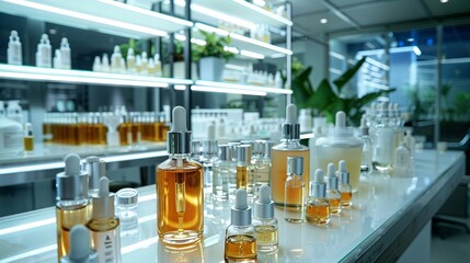 a scene from a cosmetic laboratory showcasing research and development of bio skincare creams and se