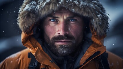 Wall Mural - A close-up of a mountaineer's determined gaze against a snowy peak