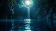 A tranquil tropical scene with a moonlit waterfall casting a mesmerizing reflection on the dark waters below. . .