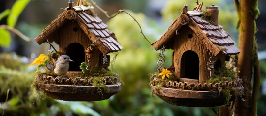 A bird perched on two wooden birdhouses in a garden, surrounded by green leaves and branches