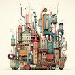 A cityscape with buildings shaped like giant musical instruments