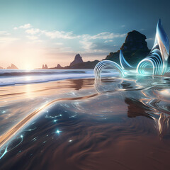 Wall Mural - A futuristic beach with holographic waves and virtual ripples