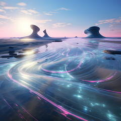 Sticker - A futuristic beach with holographic waves and virtual ripples