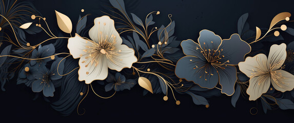 3d abstract luxury gold pink orchid flower on dark navy blue background. horizontal banner template.