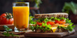 sandwich with lettuce, tomato and cheese on rye bread, placed next to fresh orange juice in a glass, generative AI