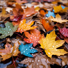 Poster - A series of colorful autumn leaves on the ground.