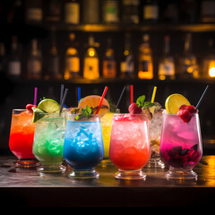 Poster - A series of colorful cocktails at a bar.