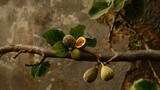 Fototapeta Londyn - Green raw fruits and leaves of a fig tree grow on a branch in early spring.