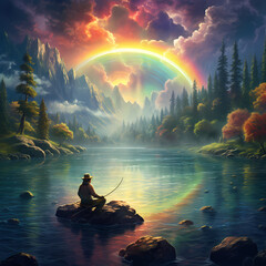 Canvas Print - Time-traveling fisherman on a rainbow river. 