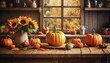 pumpkins and gourds in a basket a rustic autumn kitchen, a wood table with plenty of copy space, charming pumpkin decorations that evoke the spirit of the season.