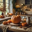 pumpkins and gourds Embrace the cozy vibes of autumn with an empty wood table adorned with charming pumpkin decorations