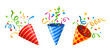 © Buch&Bee - Holiday popper striped cone, birthday party firecrackers with confetti. Isolated cartoon vector vibrant shooters burst of joy, releasing festive ribbons to celebrate carnival bash or special occasion