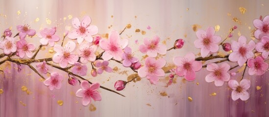 Poster - Beautiful artwork featuring a delicate pink flower adorned with shimmering gold leaves in intricate detail