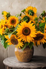 Wall Mural - vase with sunflowers on a wooden table