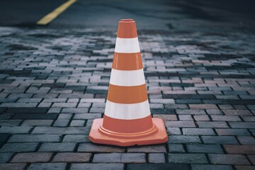 Frame Red orange cone on paving stone road, safety concept photo