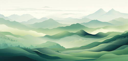 Watercolours andscape with green color silhouettes of mountains, hills and forest and clouds in the sky - vector illustration