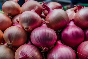 Wall Mural - Fresh giant onions create a vibrant display at the market