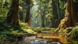 The beauty of nature with a tranquil forest scene, featuring towering trees and meandering streams