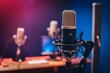 Img Studio podcast microphone in room background, professional audio equipment photo