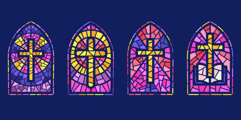 Church glass windows. Stained mosaic catholic and christian frames with cross. Vector gothic medieval arches on dark background