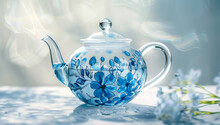 A Transparent Glass Teapot With Blue Floral Patterns, In The Watercolor Illustration Style, On A White Background