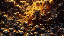 A Close Up Of A Spider Web In A Tree, Liquid Golden And Black Fluid, Golden Organic Structures