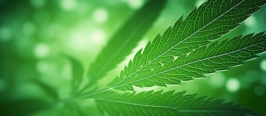 Poster - A detailed view of a single green leaf against a blurred backdrop, showcasing the intricate veins and texture of the leaf