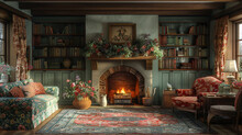 Traditional English Cottage Living Room With Floral Patterns And Cozy FireplaceHyperrealistic