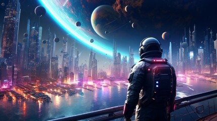 Wall Mural - a man in a spacesuit stands on a bridge looking out over a city