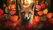 A close-up of a fox with a mysterious aura, its face partially obscured by autumn leaves.