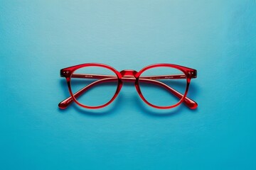 Wall Mural - Pair of red plastic rimmed eyeglasses on blue background, stylish