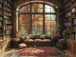 Warm-toned library with built-in bookshelves and a cozy reading nookhigh detailed