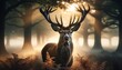 A regal stag with a full crown of antlers, standing in a misty woodland at dawn.