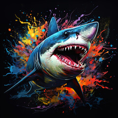 Wall Mural - Shark with sharp teeth on black background. Undersea animals. Illustration, Generative AI.