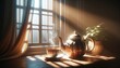 A cozy, intimate scene showing a teapot and a teacup on a sunlit windowsill.