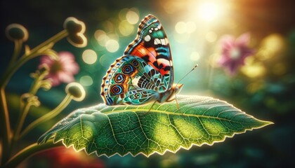 A serene close-up of a butterfly with detailed patterns on its wings, resting on a sunlit leaf with a tranquil garden background.