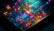A close-up of a glowing neon circuit board with bright nodes and electric currents flowing through, featuring vivid colors against a dark background, .