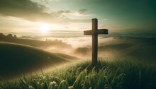 A Single Rustic Wooden Cross Atop A Lush Green Hill With The Early Morning Mist Rolling In From The Distance.
