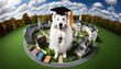 A white Swiss Shepherd dog with a silky, fluffy coat, donning a classic black graduation cap with a gold tassel.