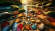 A high-definition, noise-free image capturing a close-up of colorful pebbles and fallen autumn leaves submerged in the crystal clear water of a serene.