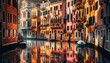 A detailed close-up of colorful Venetian building facades reflecting in the calm canal water.